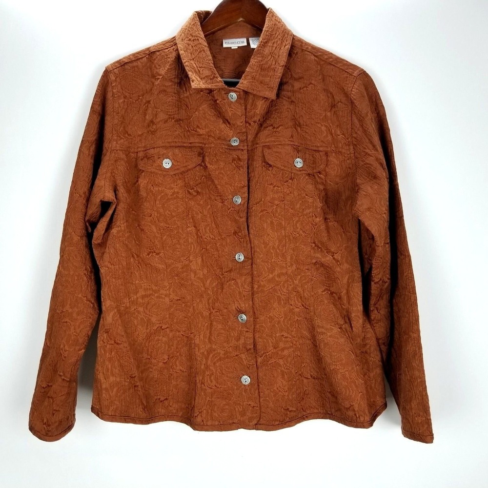 Chicos Womens Size 2 Brown Textured Button Down Floral Lightweight‎ Jacket